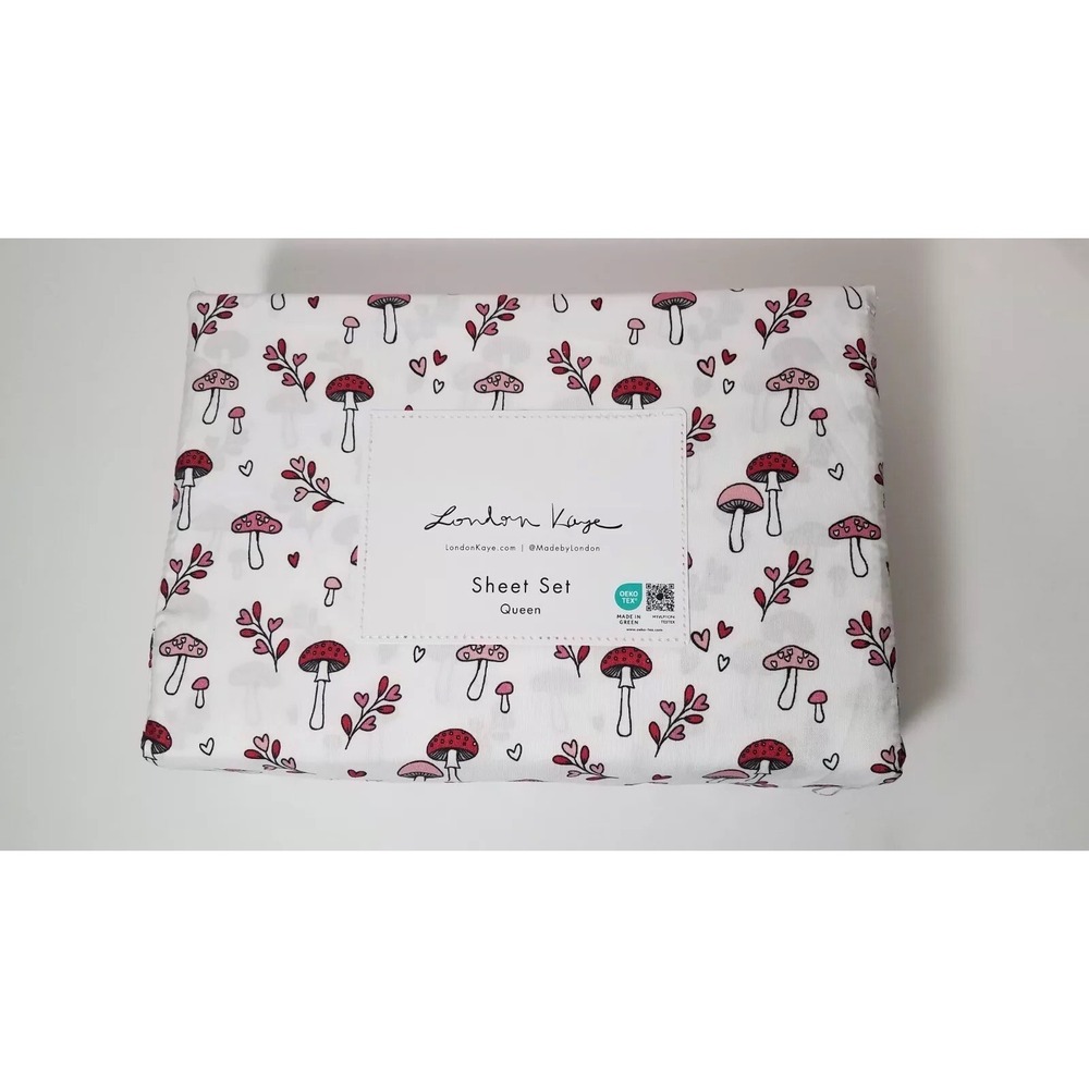 London Kaye Queen Mushrooms Hearts‎ Bed Sheet Set 4 piece Microfiber Bedding NEW